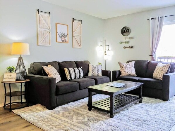 Cozy living room!  Queen-sized sleeper sofa.