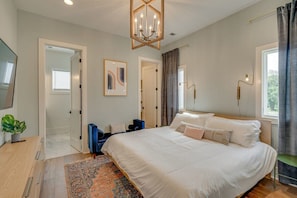 Our gorgeous, airy king bedroom on the second floor offers a tranquil retreat for a restful night's sleep.