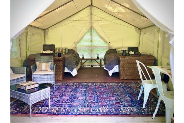 Quad Squad Tent and Breakfast with 2 queen beds, sitting area, table & porch! 
