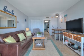 The ocean front living room is fabulous for movie night with the family.