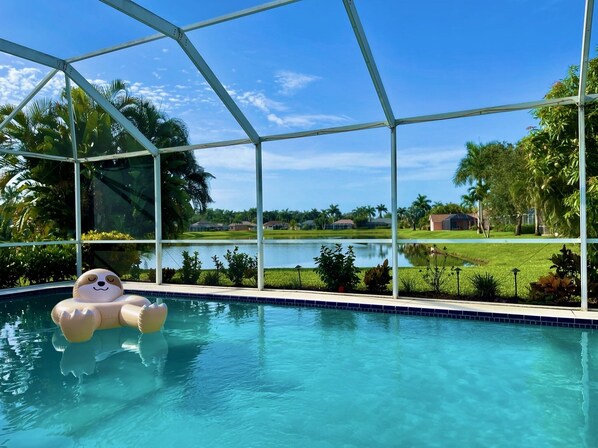 Large pool with water views of lake and wildlife. 