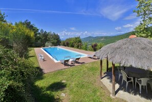 Private pool, terrace, and garden with countryside views