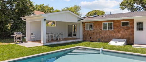 Large inground heated swimming pool.  Shady covered porch for outdoor meals.