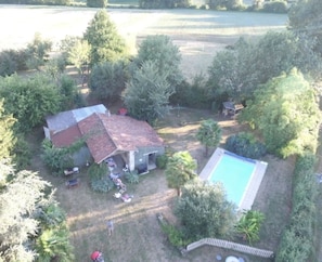 Aerial view of garden, barn &  heated swimming pool