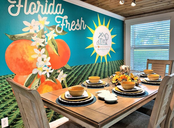 Dining room with feature wall.