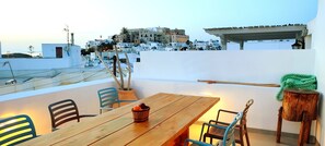 Roof terrace with view of the castle, the Temple of Apollo and the port entrance