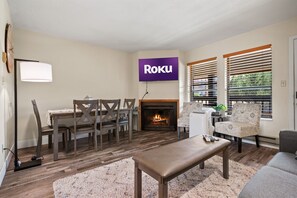 A gas fireplace and large TV for streaming your favorite shows.