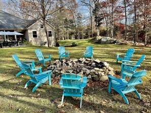 Backyard firepit and perfect spot for yard games