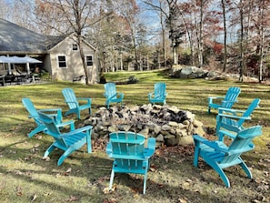 Backyard firepit and perfect spot for yard games