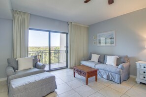Comfortable seating in the living area! You can find extra pillows and blankets for the sleeper sofa in the closet!