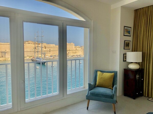 Living area overlooking Fort St. Angelo and Vittoriosa Marina.