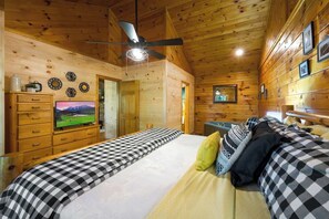 Bedroom with King bed,  TV and Jet Tub to enjoy a soak indoors.