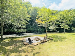 Fire pit area overlooking the rapids