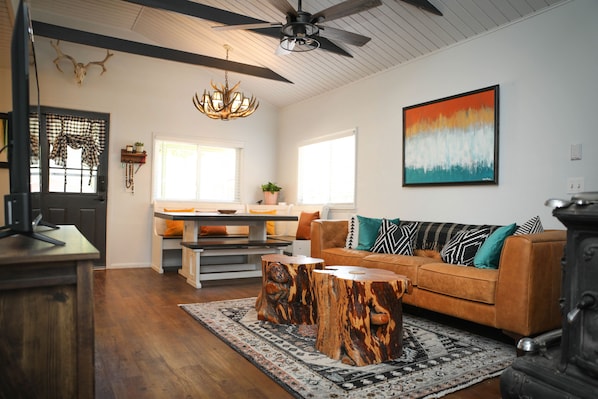 High-vaulted ceilings in newly remodeled living room.