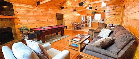 Soaring ceilings and exposed wood welcome you inside.