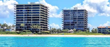 Building on left directly on beach