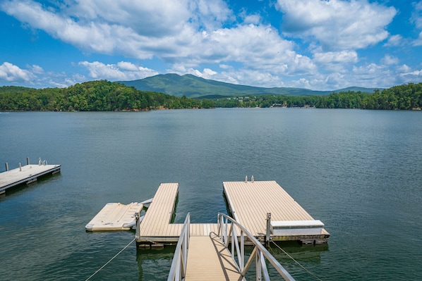 Dock view of lake, once below the trees.