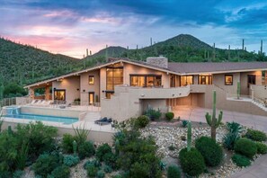 Private Pool and Hot Tub with outdoor pool lounge chairs