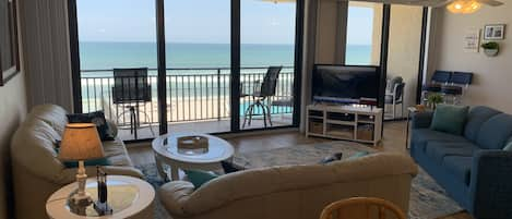 Ocean view throughout.  Blue Couch is a sleeper sofa. 