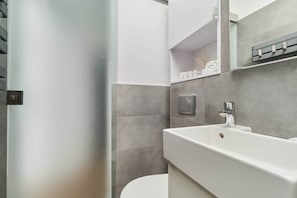 The bathroom's contemporary design includes fresh towels and a hairdryer. 
