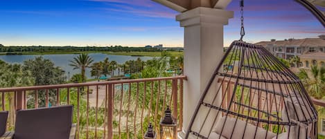 Beautiful view of lake, pool and fireworks from the balcony.