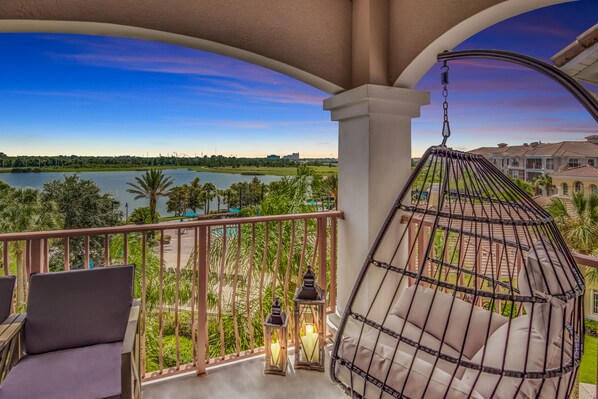 Beautiful view of lake, pool and fireworks from the balcony.