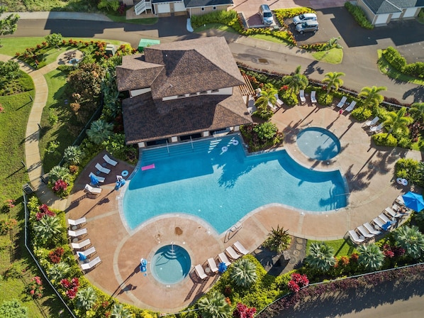 Shared Community Pool and Pool House Aerial view.