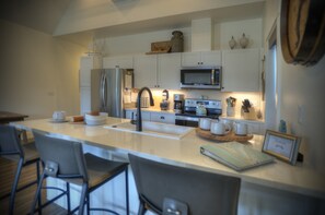 Kitchen View from the gas fireplace at Carpenter Cottage