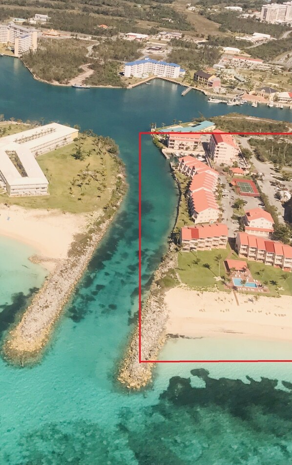 Our location, Bell Channel Marina and Club. Private Beach with chairs.