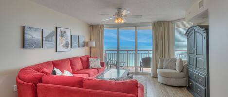 The ocean front living room is fabulous for movie night with the family.