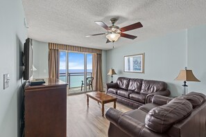 This oceanfront living room is perfect for spending quality time with family.