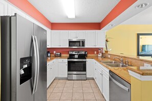 An updated kitchen makes preparing meals a breeze.