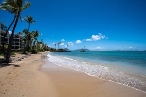 Hawaii, with swaying palms & a wide sandy beach. Walk next door to restaurants.