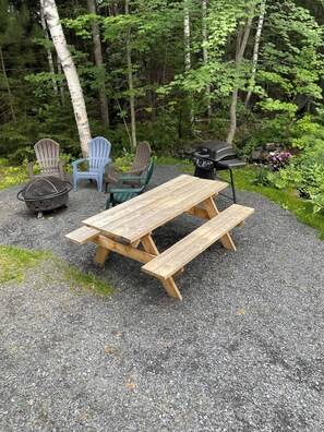 Fire pit,  grill, and plenty pf space to sit and relax by the brook in the back.