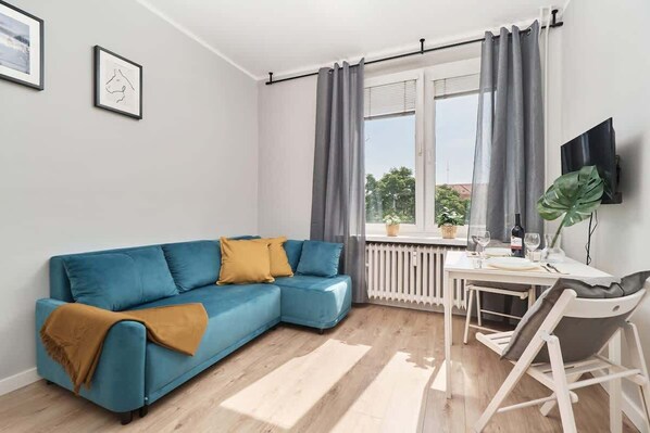Living room with a comfortable sofa and TV. 