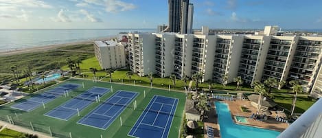 Tennis courts and 3 pools with hot tubs