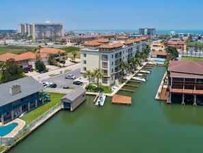 Aerial view of the property and boat slips!