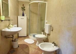 Das Badezimmer verfügt über ein Waschbecken mit Spiegel, Dusche, Bidet und WC.