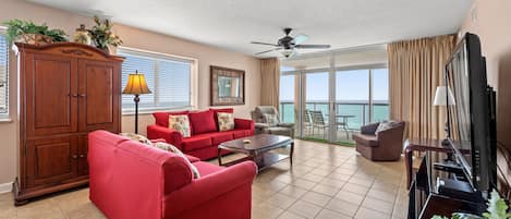 Gather together in this oceanfront living room for a family movie night!