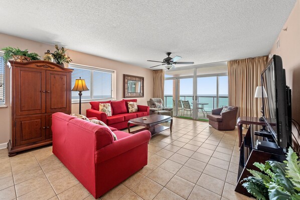 Gather together in this oceanfront living room for a family movie night!