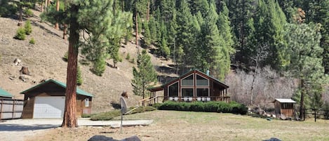 View of the cabin from the front of the property looking East