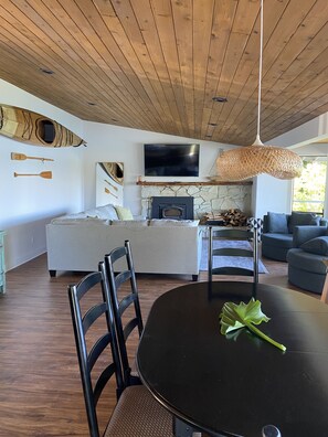 Living room with wood burning fireplace