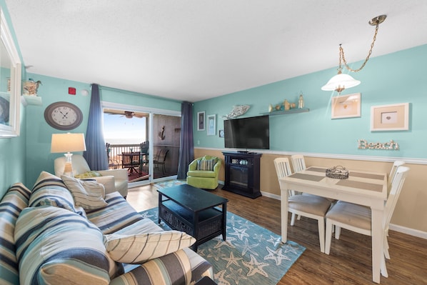 The ocean front living room is fabulous for movie night with the family.