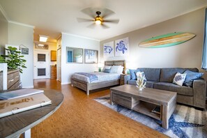 Sofa pulls out into a very comfortable queen bed.