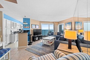 The ocean front living room is fabulous for movie night with the family.