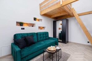 Studio with a comfortable sofa bed, wardrobe and mezzanine.