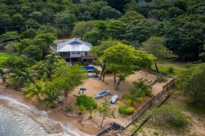 Overhead view of the Villa, beach and grounds