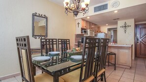 The dining table seats six.