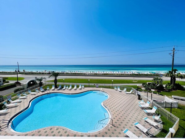 Private balcony overlooking the south pool and the Gulf.