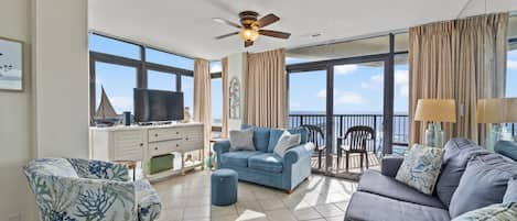 The ocean front living room is fabulous for movie night with the family.